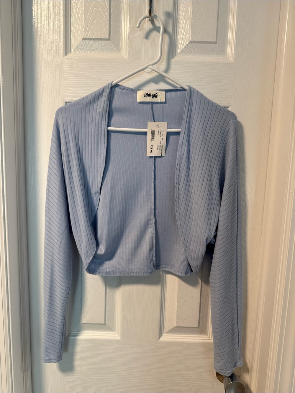 Vanilla Sky Hippie Love Ribbed Open-Front Crop Cardigan — Light Blue